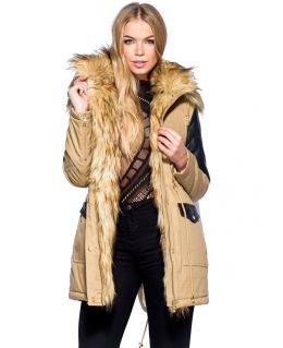 Womens Parka Coat Ladies Fur Jacket Size 8 10 12 14 PU Khaki Camel