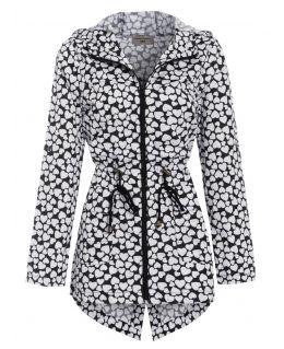 Womens Heart Print Showerproof Raincoat Jacket, Black White, UK Sizes 8 to 16