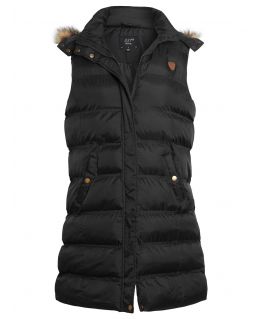 Faux Fur Trim Longline Quilted Gilet, Black, Navy,  UK Sizes 8 to 16