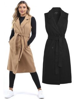 Longline Sleeveless Duster Jacket, Camel, Black, UK Sizes 8 to 16