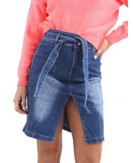 Stonewashed Front Split Denim Skirt