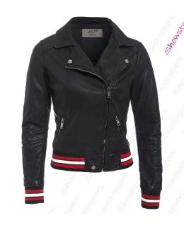 Black Faux Leather Biker Jacket with Stitch Sleeve Detailing