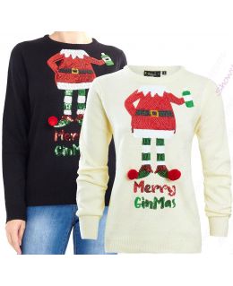 Womens Christmas Jumper Sequin Elf Xmas Size 10 to 14 Cream Black Novelty