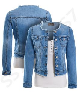 Blue Stretch Fitted Frayed Denim Jacket