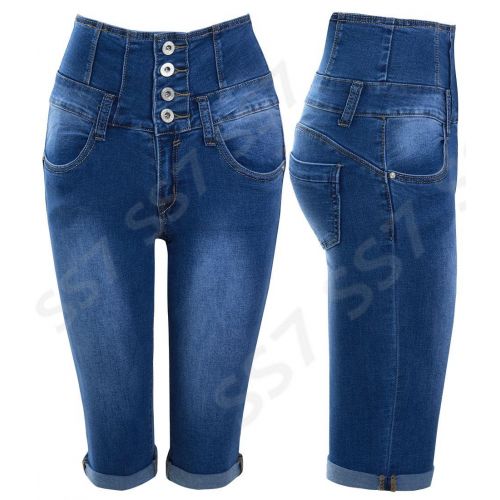 NEW Womens 3/4 Denim Pedal Pushers Shorts Capri Size 6 8 10 12 14 16 Blue Pants 