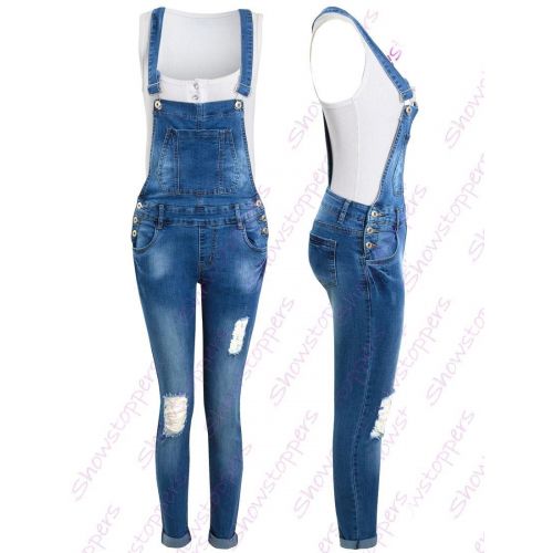 NEW RIPPED DENIM DUNGAREE SLIM FIT Womens Size 6 8 10 12 14 Rip DUNGAREES Blue 