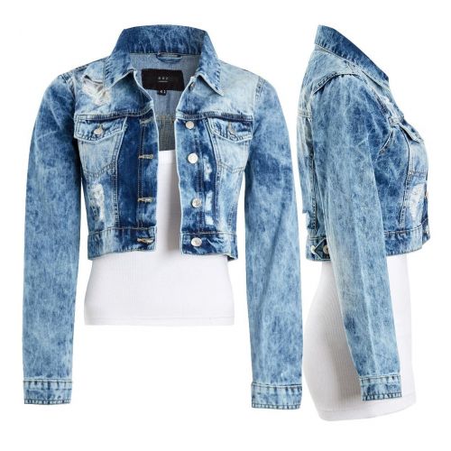 Womens Acid Blue Denim Jacket Ladies Rip Jean Cropped Jackets Size 6 8 10 12 14