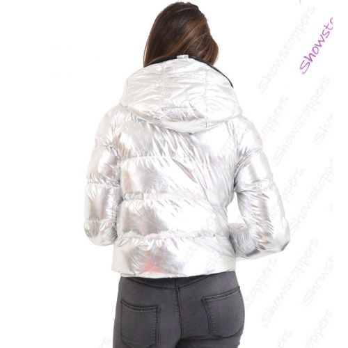 Womens Puffer Jacket Hooded Padded Metallic Silver Coat Size 8 10 12 14 16 