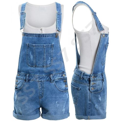 New Womens Ripped Distressed Pouch Pocket Cotton Denim Buttoned Dungaree Shorts 