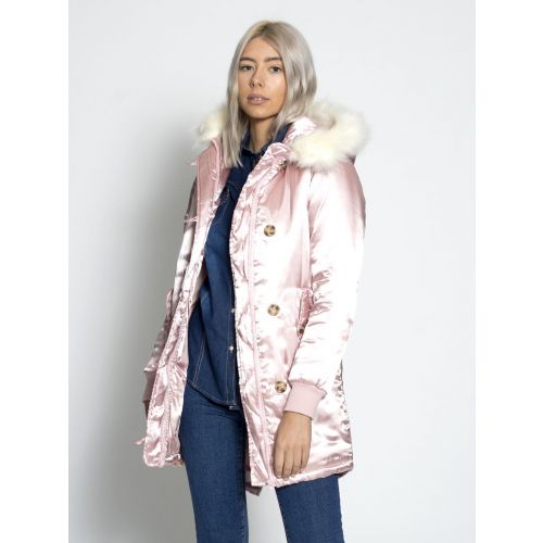 Womens Satin Pink Parka Coat With Faux, Womens Real Fur Hood Coat Uk
