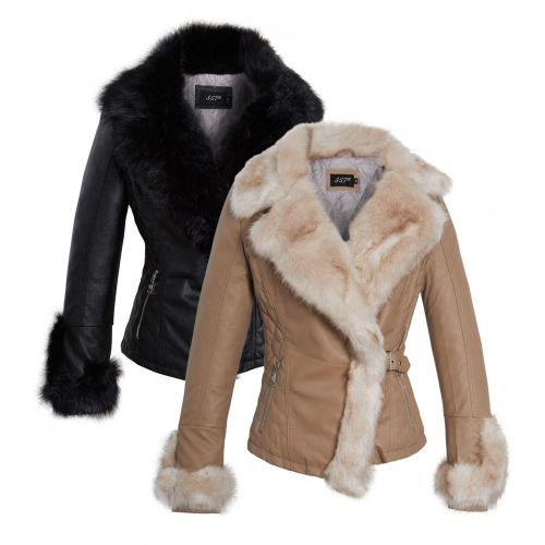 Womens Faux leather Biker Jacket with Faux Fur Collar