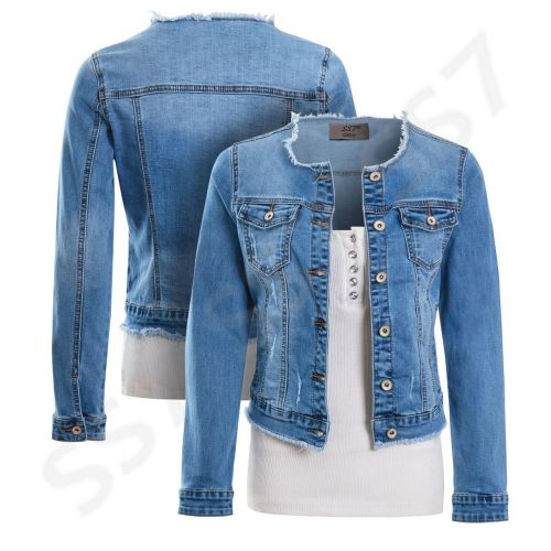 Blue Stretch Fitted Frayed Denim Jacket