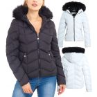 Womens Puffer Jacket with Faux Fur Trim, White, Black, Sizes 8 to 16