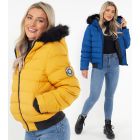 Fuax Fur Trim Puffer Jacket, Mustard, Cobalt, UK Sizes 8 to 16
