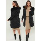 Womens Diamond Quilt Padded Parka with Faux Fur Hood, Sizes 8 to 16