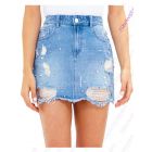  Blue Distressed Denim Skirt with Pearl Detailing