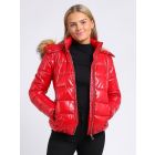 Womens Wet Look Luxurious Faux Fur Puffer Coat, UK Size 8 to 16, Black, Red