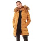 Womens Longline Puffer Parka Coat with Faux Fur, Black, Mustard, Stone, Size 8 to 16