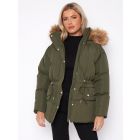 Oversized Padded Parka Faux Fur Jacket, Black, Khaki, UK Sizes 8 to 16