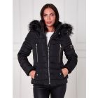 Quilted Zip Detailed Jacket with Faux Fur Hood, Black, UK Sizes 8 to 16