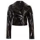 Cropped Patent Vinyl Biker Jacket with Studs, Black, UK Sizes 6 to 12