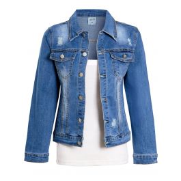 Girls Distressed Denim Jacket with Fringe Trim Under Sleeve & Back