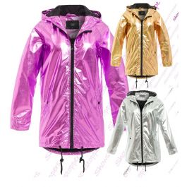 Womens Holographic Rain Mac Waterproof Raincoat Mustard Jacket Size 8-16